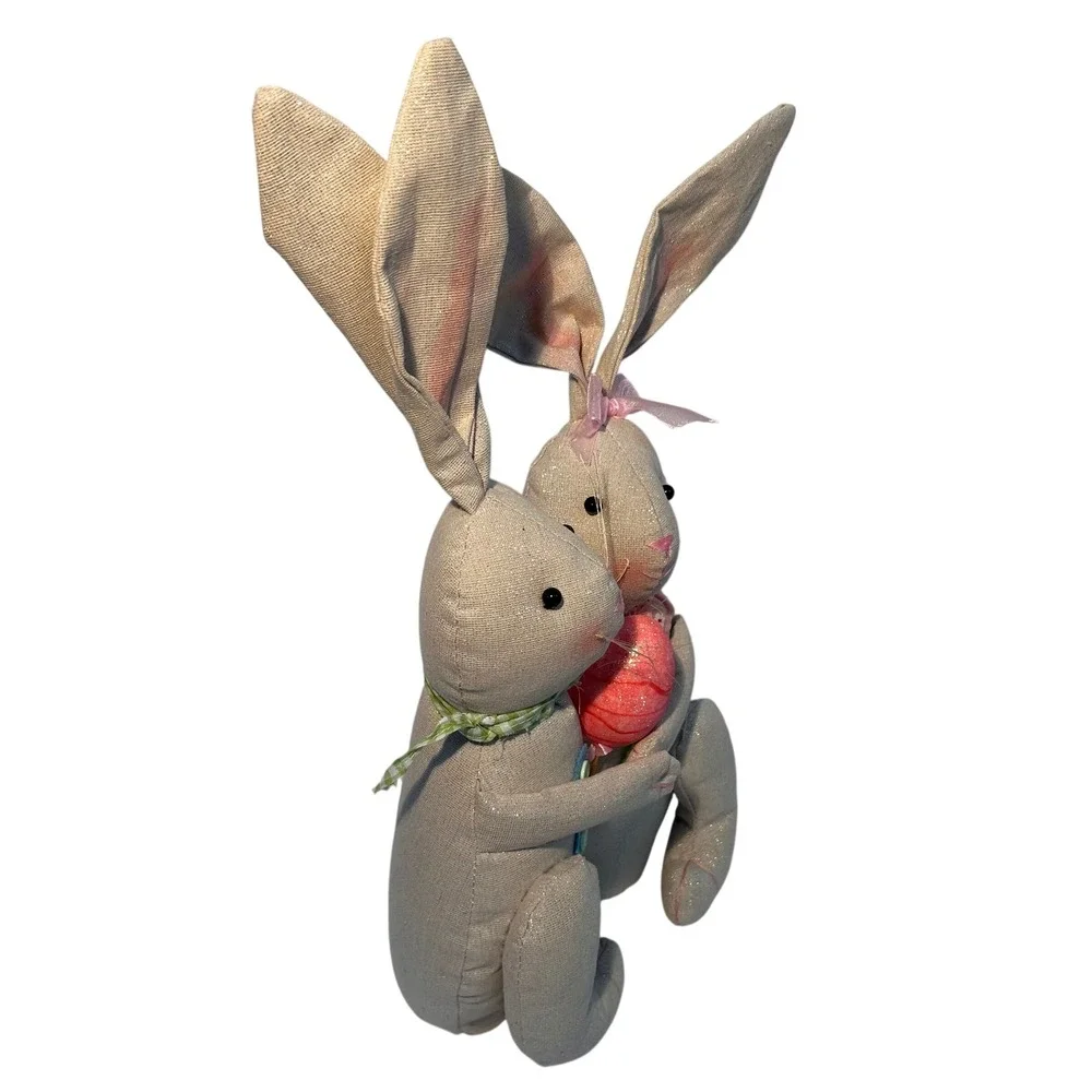 Easter Bunny Couple Figurine Shimmer Fabric Rabbits Pink Egg Spring Decor 17.5in